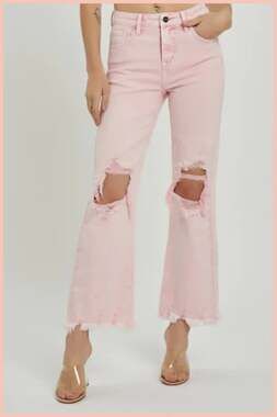Size 5 Risen Jeans Pink Distressed High Rise Raw Hem Straight Leg Jeans